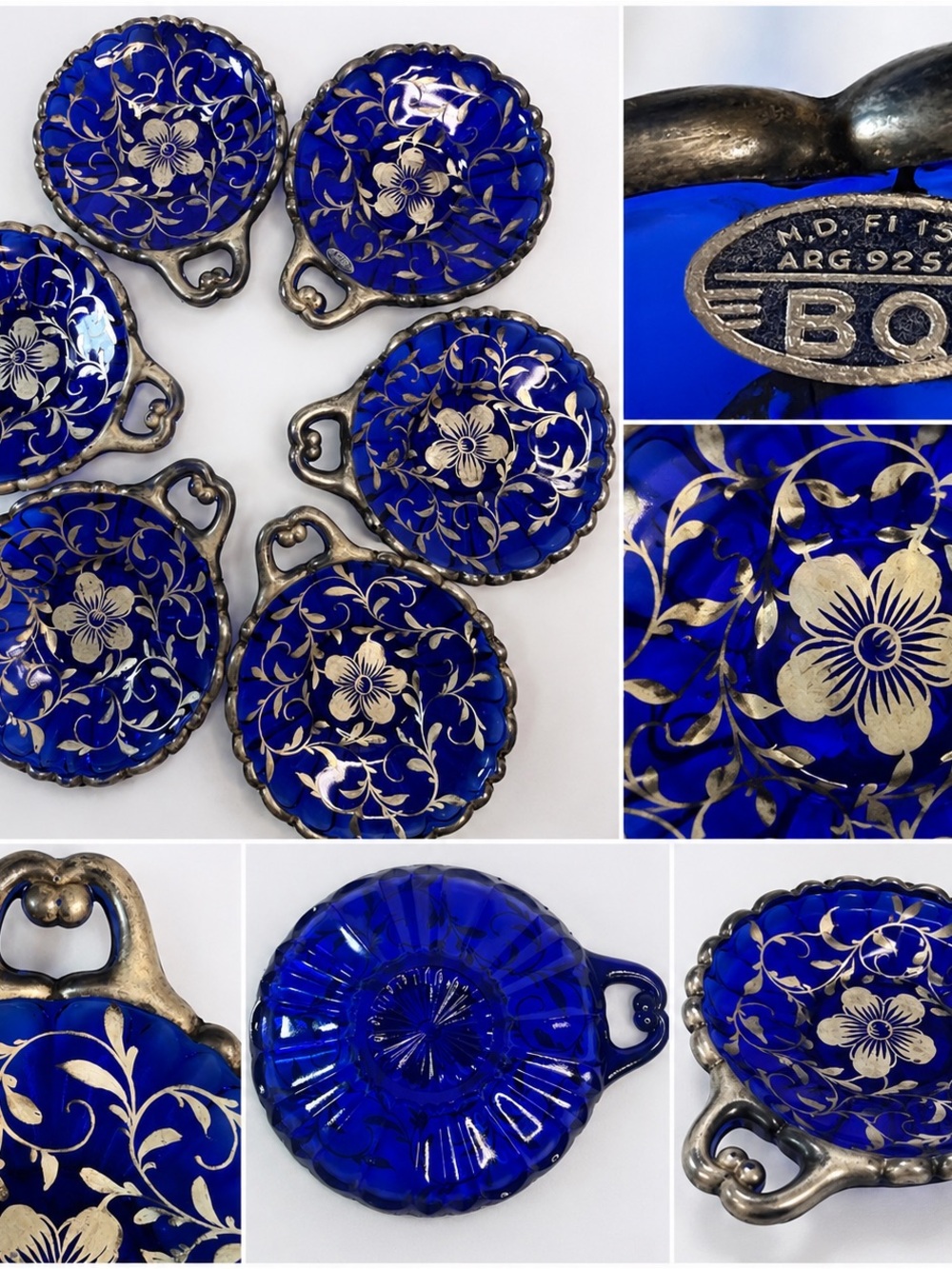 Vintage Cobalt Blue Glass Silver Overlay Handled Dishes Set of 6